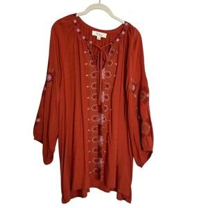 Nurture by Westbound Womens Tunic Top 2X Burnt Orange Embroidered Boho Peasant